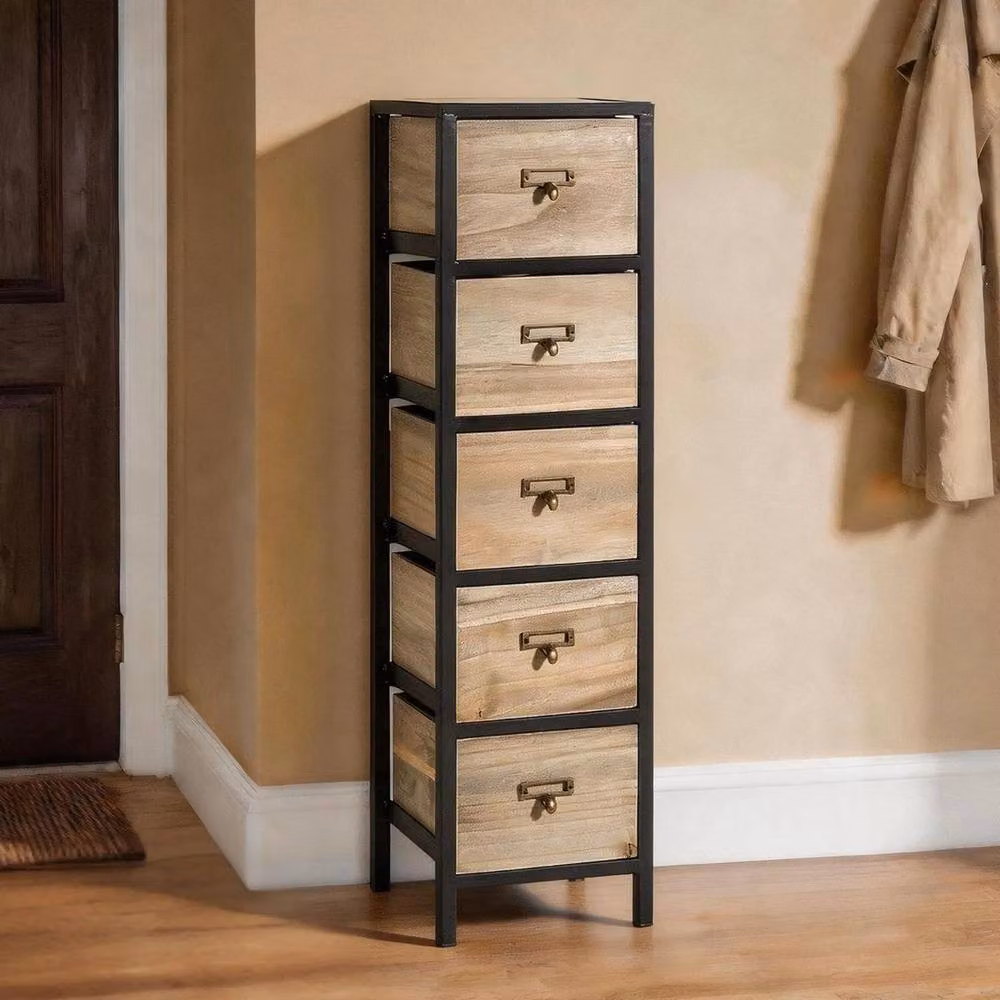 FORGEVIO Industrial 5 Drawer Tall Chest with Rustic Brown Wood and Metal Legs – 2