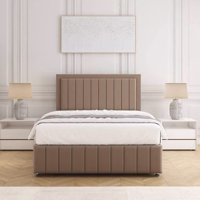 BSSPOKE Sophia Super King Divan Bed Set with 54 inch Headboard and Mattress in Taupe Plush Velvet