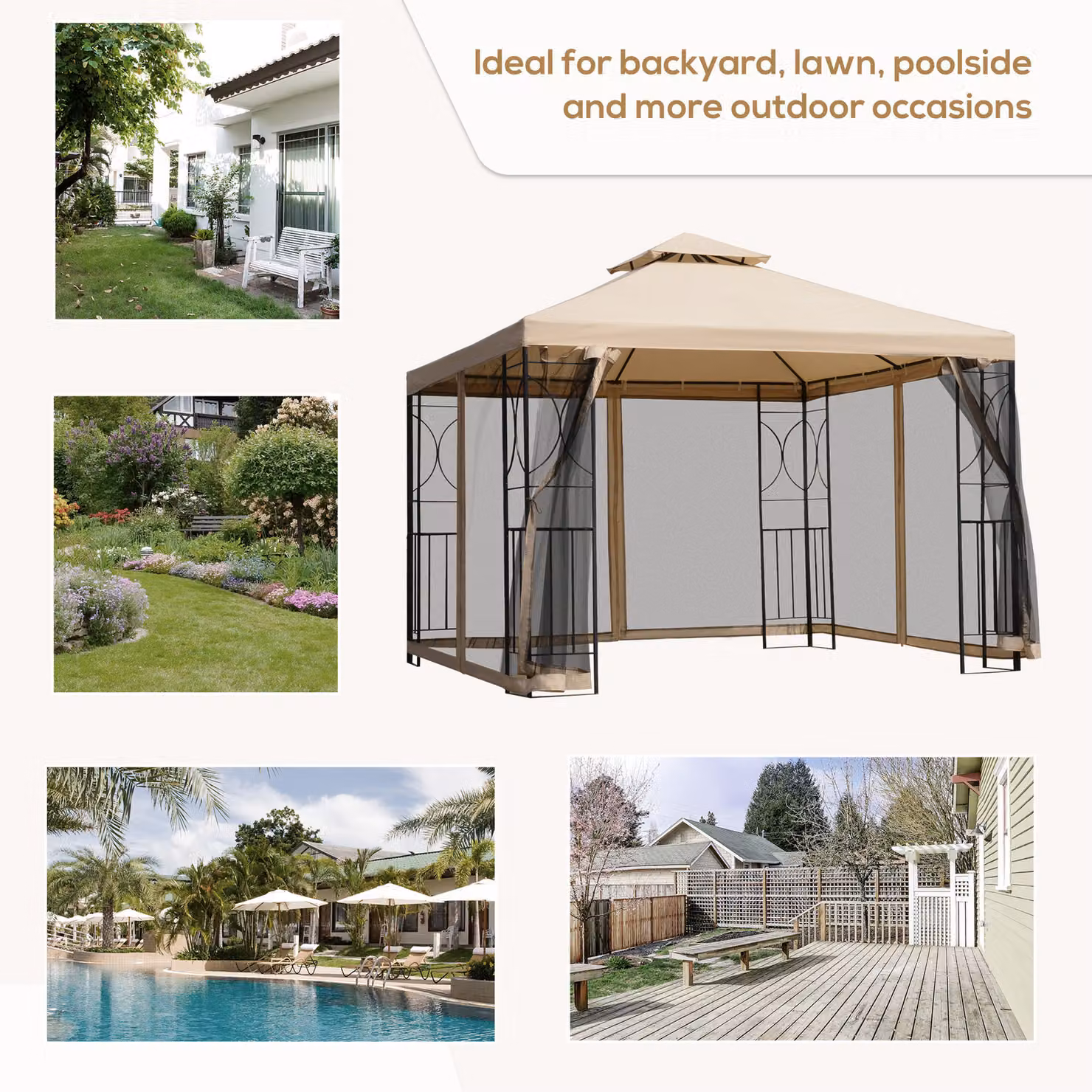 Outsunny Beige Garden Gazebo Tent with Netting and 2-tier Hip Roof, W: 300 cm, D: 300 cm, H: 278 cm – 4