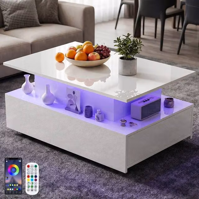 FORGEVIO Glossy White Lift Storage Table with 2 Drawers and Height Adjustable Mechanism – 1