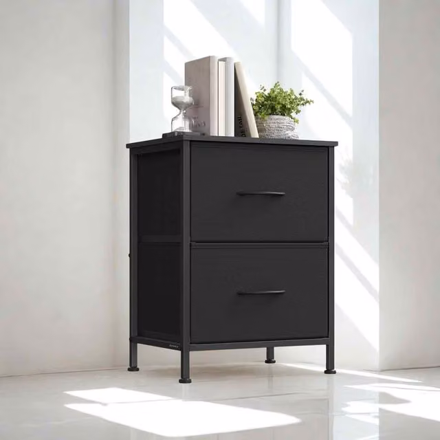 The Bazaarist Modern Black Bedside Table with Drawers, W/D/H: 52.2 x 39.6 x 30.0 cm