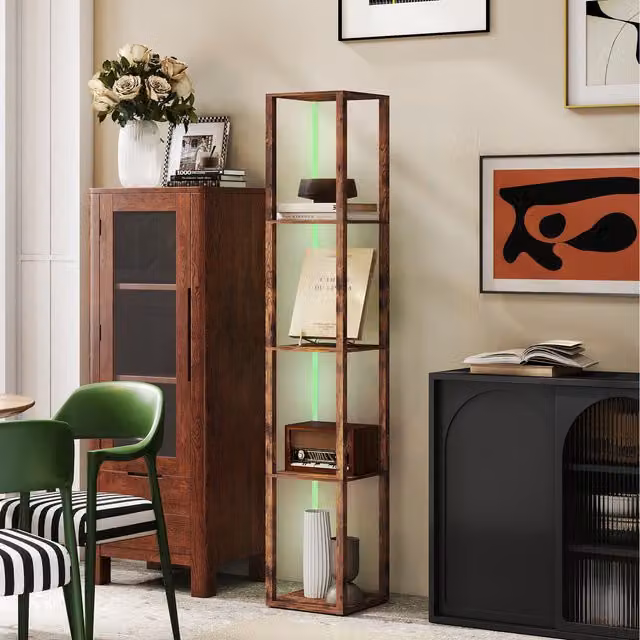 HOMCOM RGB LED Floor Lamp with Shelves and Remote Control in Rustic Brown
