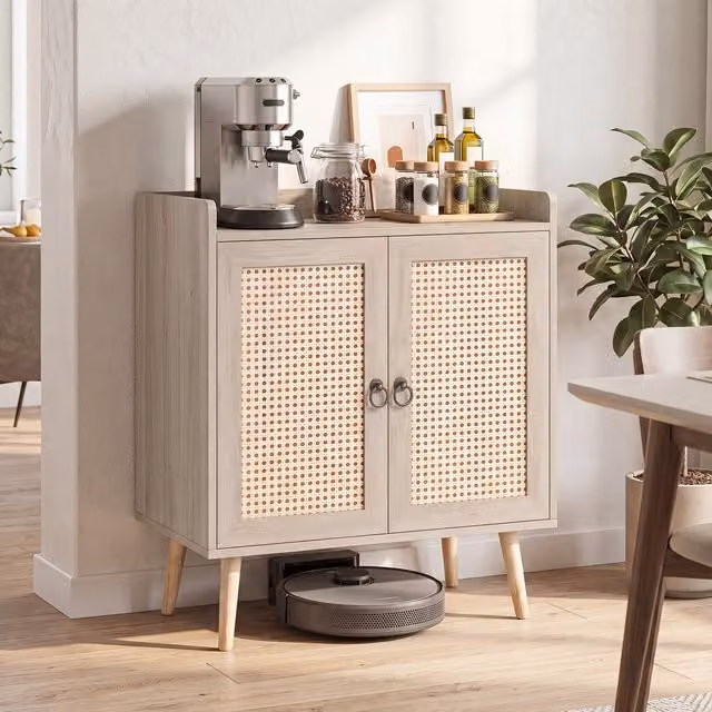 Costway Boho Rattan and Pine Wood Coffee Bar Cabinet in Brown with Metal Accents