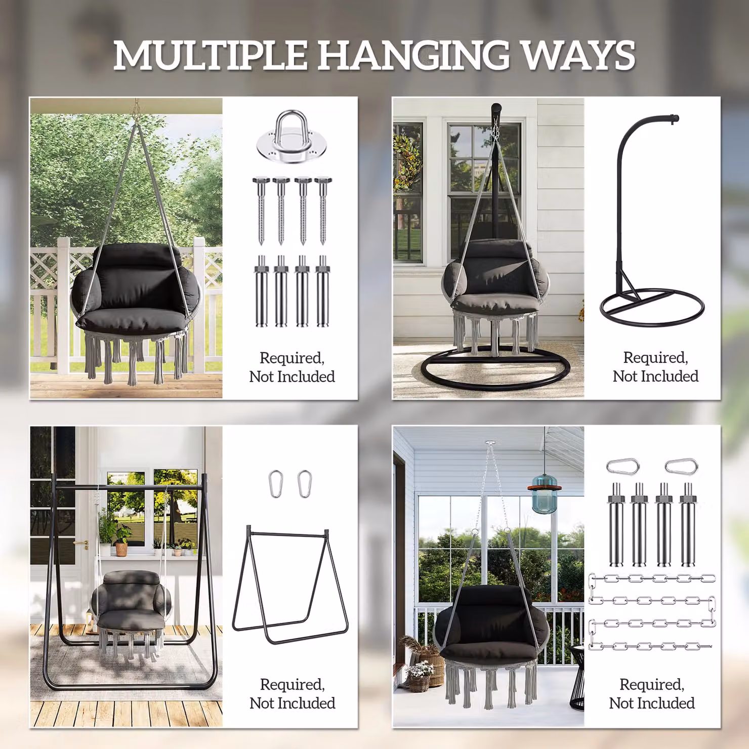 OUTSUNNY Boho Hanging Egg Hammock Chair with Weatherproof Cushion, Dark Grey – 5