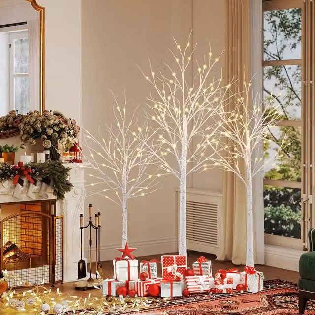 Costway Set of 3 Lighted White Birch Christmas Trees with Warm White LED Lights – 1