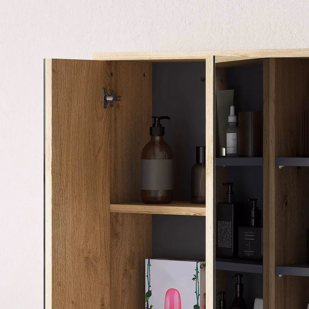 NESTLUNE Wall Mounted Light Oak Bathroom Cabinet with Mirror and Internal Shelves – 5