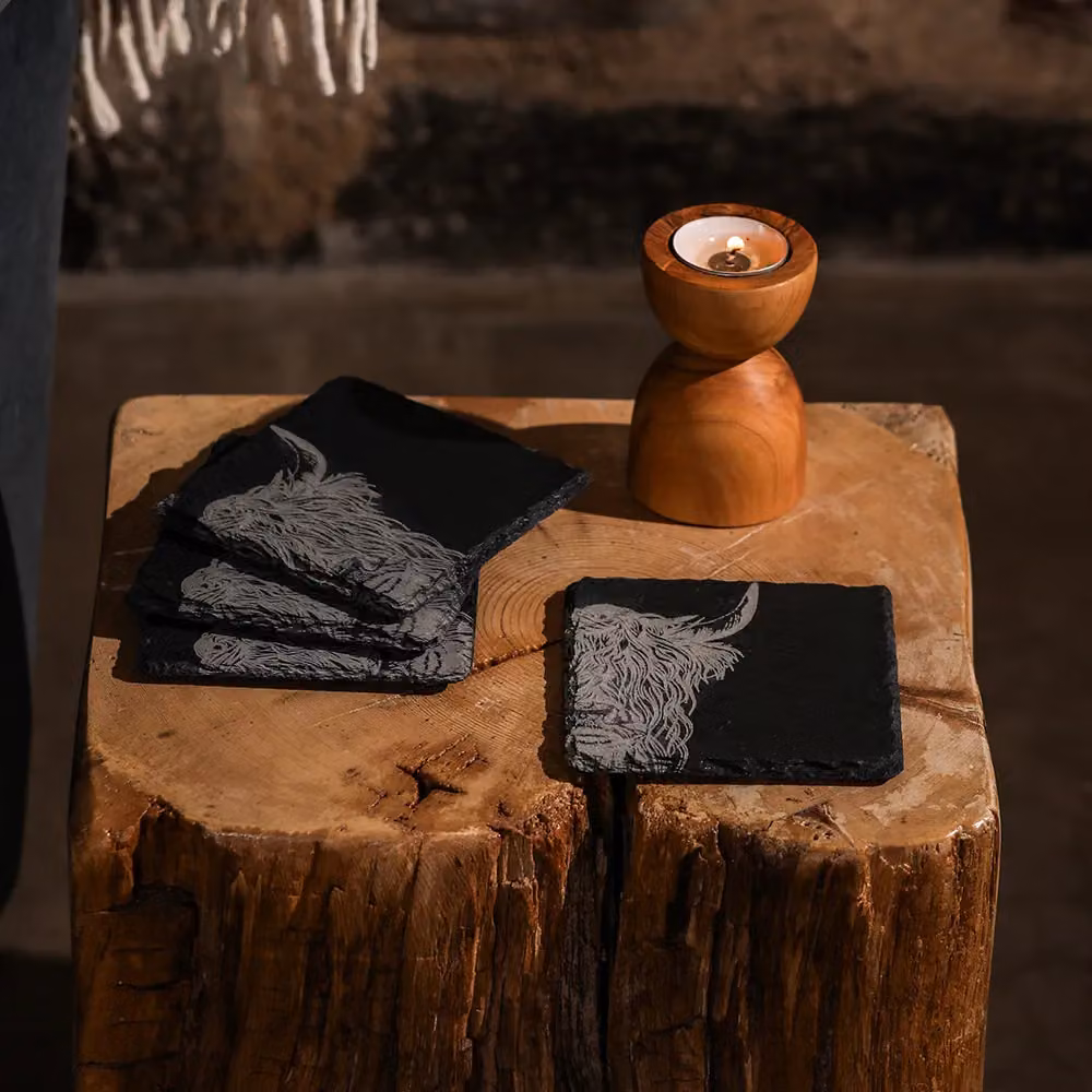 Selbrae House Highland Cow Slate Coasters, Set of 4, Black/Grey, W/D/H: 11.0 x 11.0 x 2.5 cm – 2