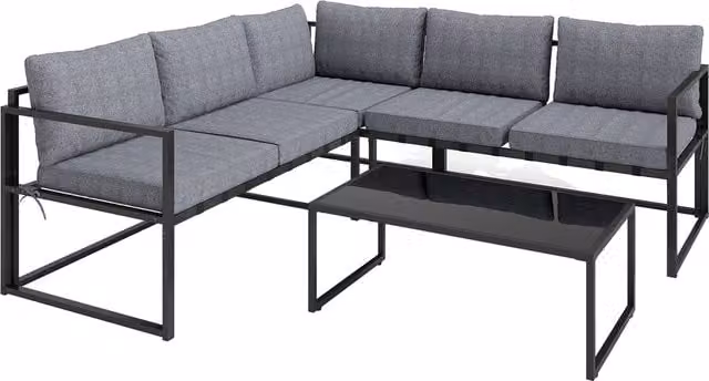 Outsunny L-Shaped Garden Corner Sofa Set with Tempered Glass Coffee Table and UV-Resistant Upholstered Cushions, Grey