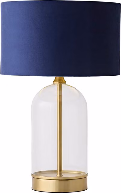 ValueLights Jessy Glass Table Lamp with Gold Trim, Navy Blue Velvet and Gold Inner Shade, including Bulb