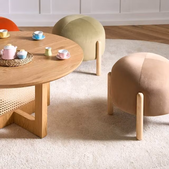 Wyld and Coco Beige Velvet Round Pouffe Footstool with Rubberwood Legs – 1