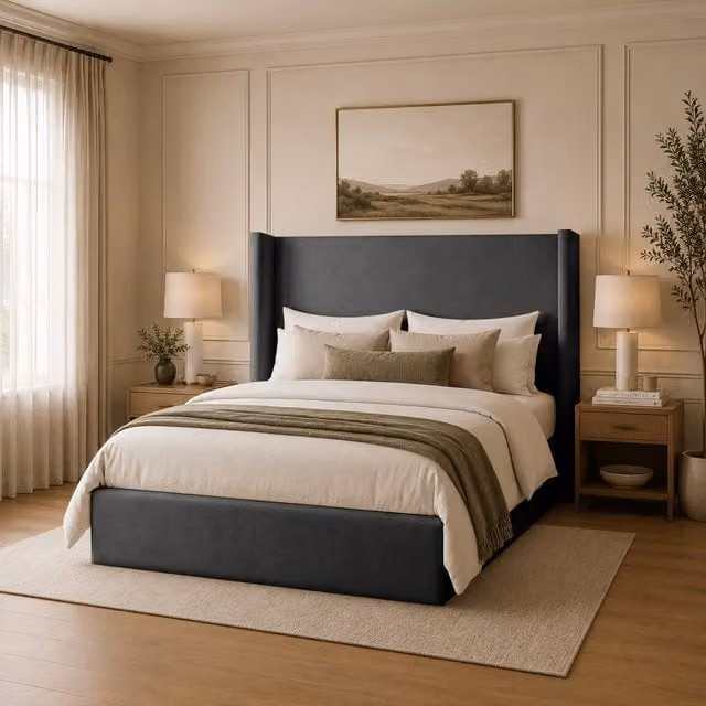 Desire Deco Blue Velvet Upholstered Wingback Bed Frame, W/D/H: 90 x 190 cm