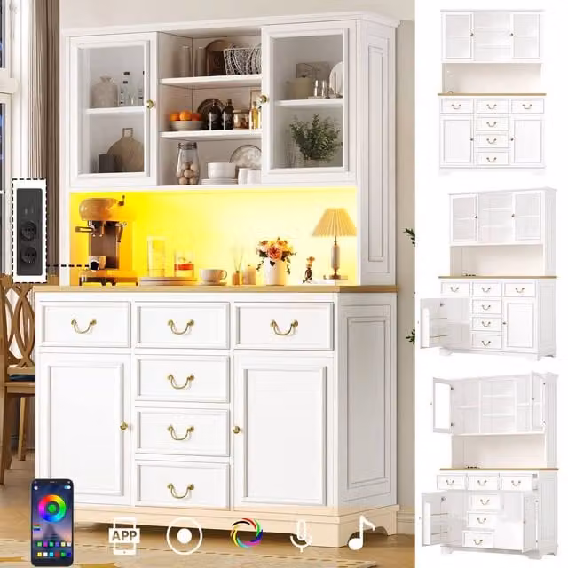 ModernLuxe Tall Kitchen Unit with LED Lighting and Glass Doors, White, H 180 x W 39.5 x D 118 cm