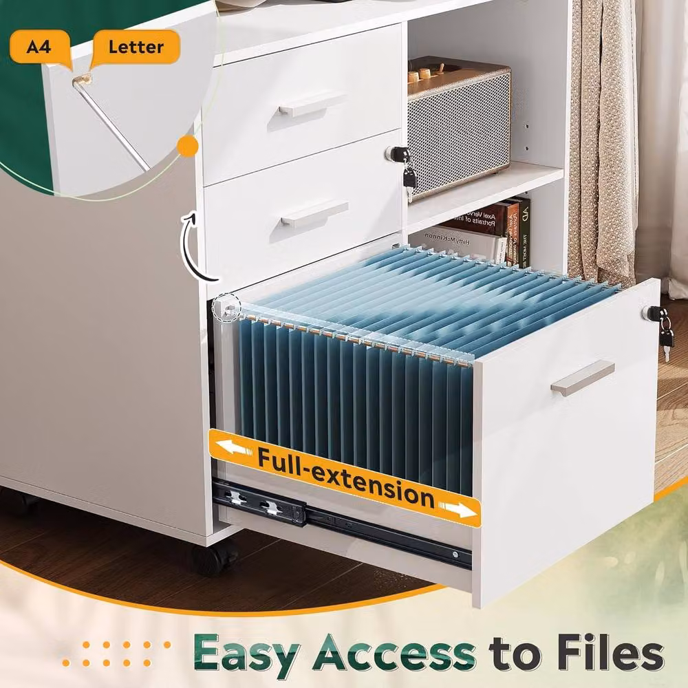 Rolipo 3 Drawer Mobile File Cabinet in White with Lock and Castors – 5