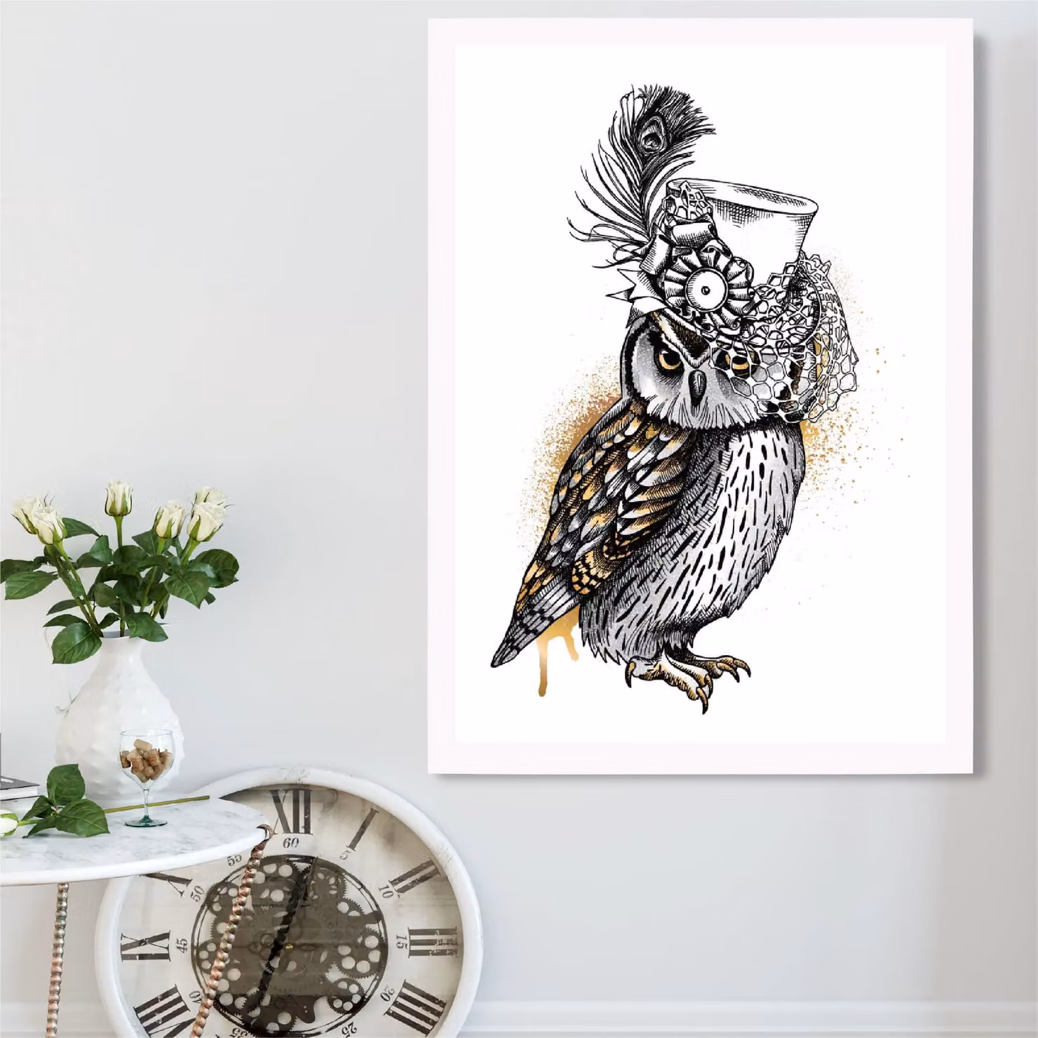 ARTZE Steam Punk Owl Sketch Framed Print, Yellow and White, A4 – 2