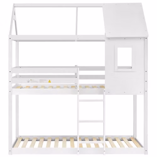 Aosom UK Childrens Solid Pine Bunk Bed with Convertible Step Ladder and Window Frame, White, H 221 x W 120 x D 190 cm – 2