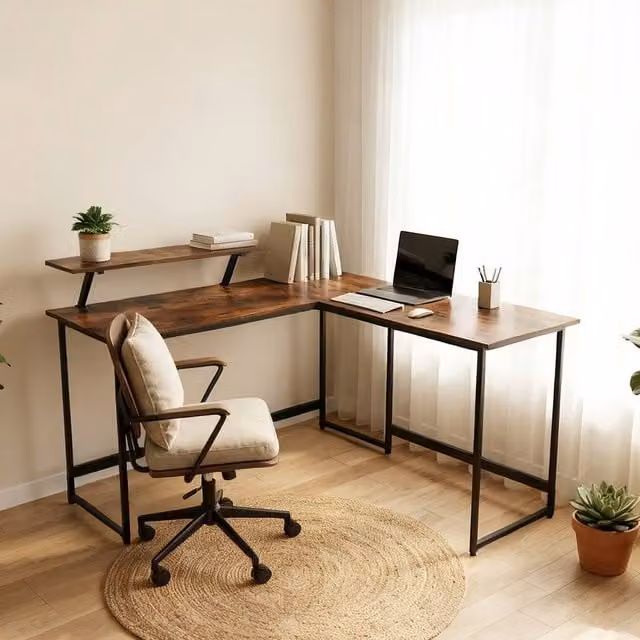 Abrihome Industrial Rustic L-Shaped Corner Computer Desk in Brown – 1