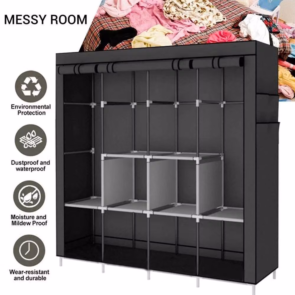 KORVIXA Large Fabric Canvas Wardrobe with Hanging Rail in Black, W/D/H: 100 x 100 x 100 cm – 5