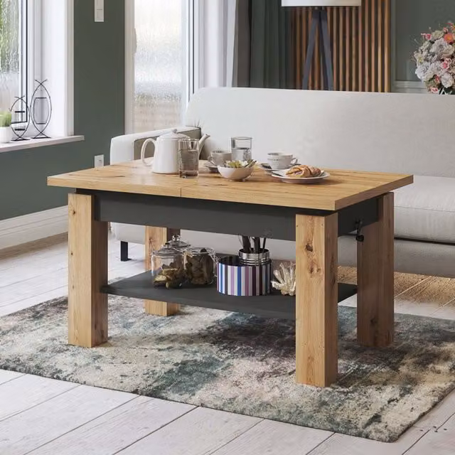 Heze Furniture Astoria 2 in 1 Extending Coffee and Dining Table in Artisan Oak and Anthracite, 110-150cm