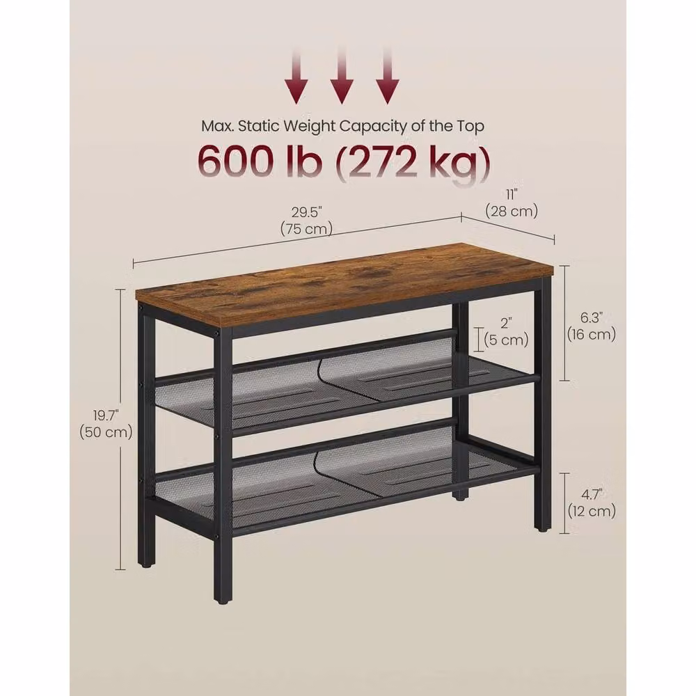 FORGEVIO 3 Tier Industrial Shoe Rack Bench in Vintage Brown and Black, W: 75 cm, D: 28 cm, H: 50 cm – 2