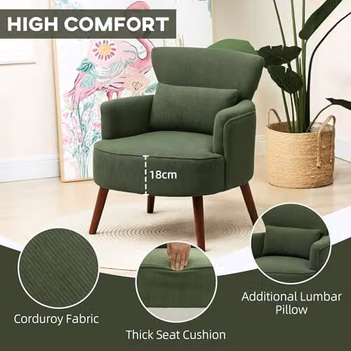 HOMCOM Retro Cord Green Tub Armchair with Solid Wood Frame, W/D/H: 69.5 x 78.0 x 69.0 cm – 4