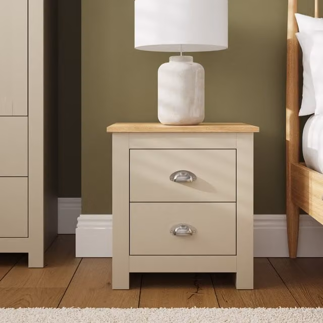 GFW Lancaster 2 Drawer Bedside Table in Cream and Oak