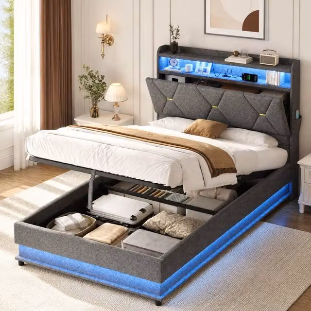 STILVORA Single Upholstered Bed Frame with Lift-Up Storage, LED Lighting and USB Ports in Grey