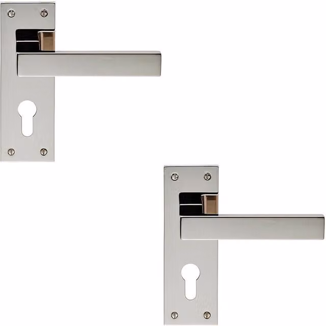 Loops 2x Pair Straight Square Lever on Euro Lock Backplate, Polished Nickel, W: 150 mm, H: 50 mm