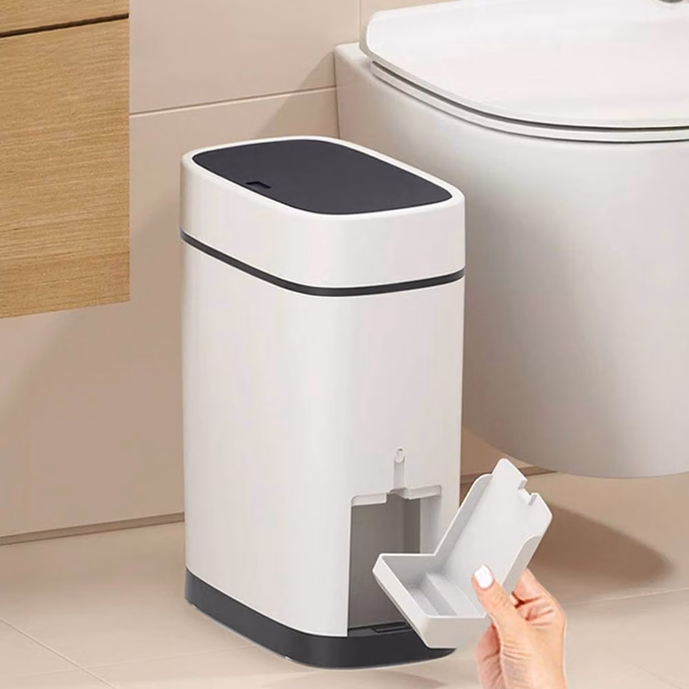 Garden Sanctuary Slim White Plastic Covered Trash Can with Built-in Toilet Brush – 2