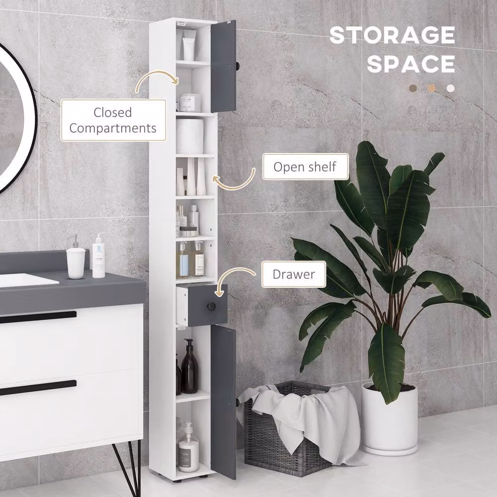 STILVORA Slim Grey Bathroom Cabinet with Internal Drawers, Shelves and LED Lighting – 3