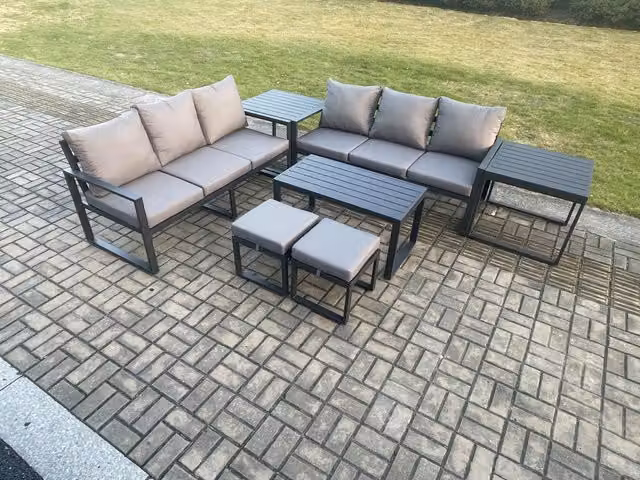 Fimous Modern Powder Coated Aluminium Outdoor Lounge Sofa Set in Dark Grey with Coffee Table and Matching Ottoman