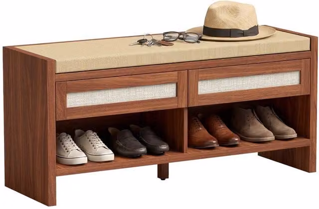 KORVIXA Brown 2-Seater Shoe Storage Bench with Upholstered Fabric Cushion