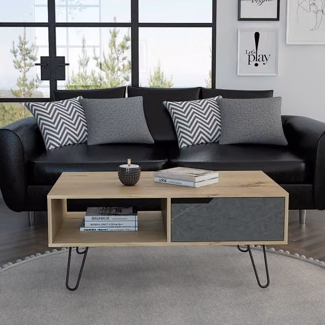 Core Products Ltd Manhattan Coffee Table in Bleached Pine and Stone Effect with Industrial Wood and Metal Design