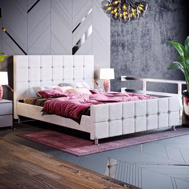 Vida Designs Valentina Modern Upholstered Velvet Fabric Bed in Grey, 180 x 200 cm