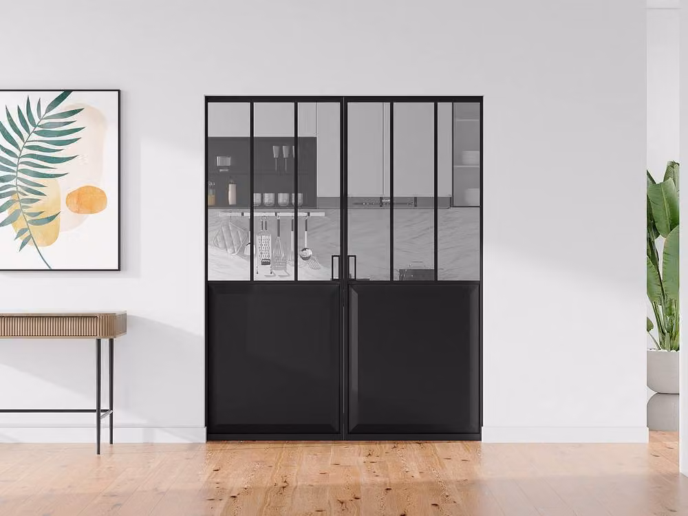 Vente-unique Modern Double Sliding Studio-Style Pocket Door in Black and Silver with Tempered Glass and Aluminium Frame – 2