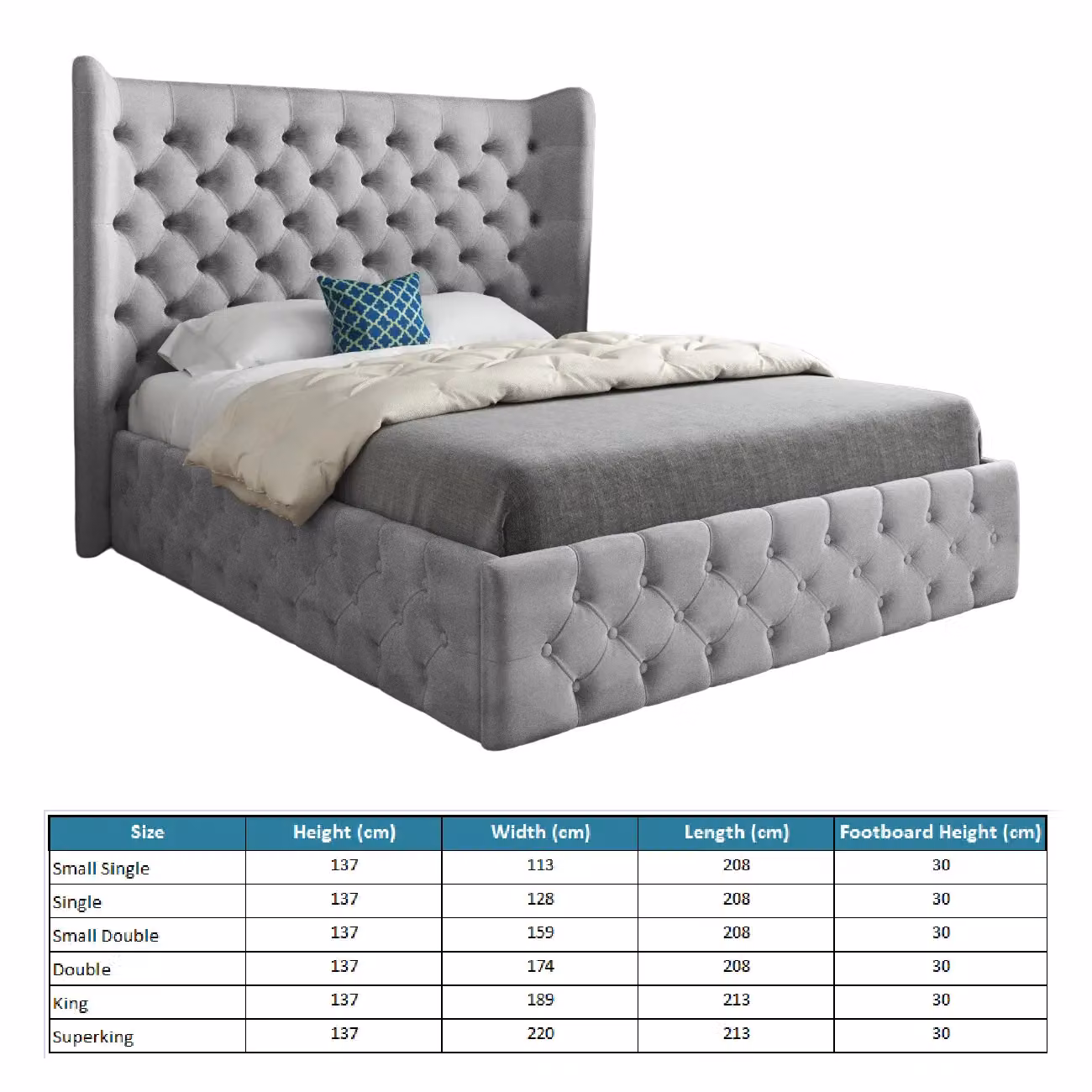 Casani Florence Wide Winged Upholstered Soft Velvet Bed Frame in Grey, Size: 200 x 200 cm – 4