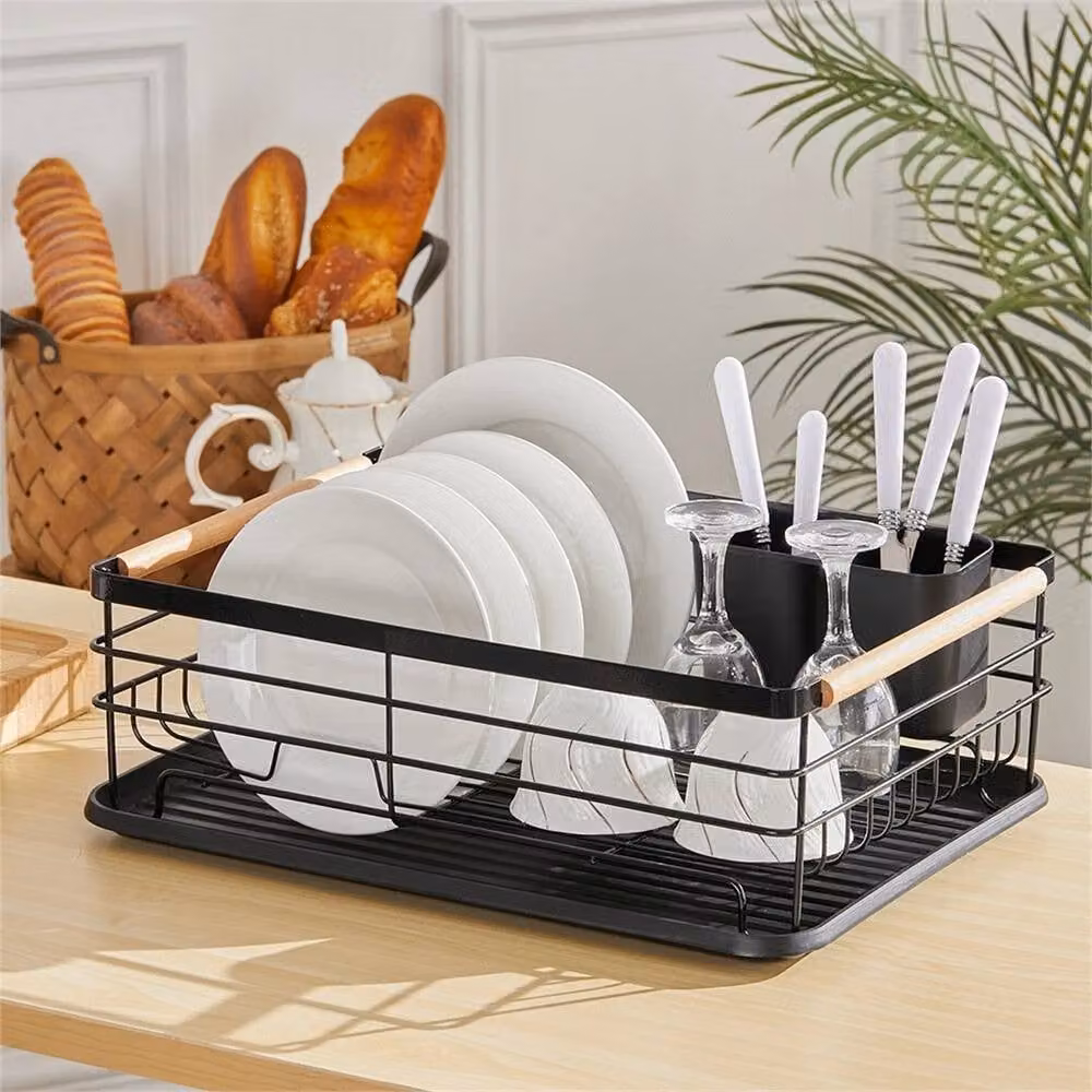 Nordara Black Coated Steel Dish Drainer Rack with Cup and Cutlery Holder, W/D: 100 x 100 cm – 3