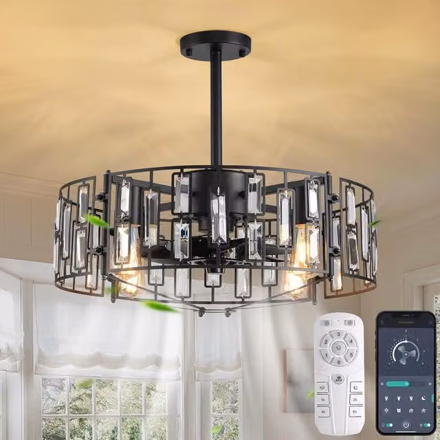 Garwarm Fandelier Ceiling Fan with Crystal Pendant Lamp, Black, Diameter: 50 cm
