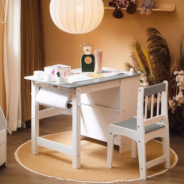 SoBuy Modern Childrens Desk, Chair and Shelf Set in Grey and White