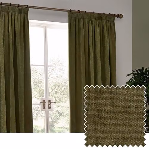 Yard Heavy Chenille Velvet Room Darkening Pencil Pleat Curtains, Green, W: 168 cm, H: 229 cm
