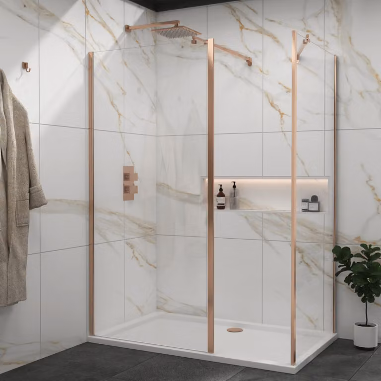 Royal Bathrooms Marbella Walk In Shower Enclosure with Outer Frame and Tray, Brushed Bronze, W/D: 170 x 76 cm, 8mm Easy Clean Glass