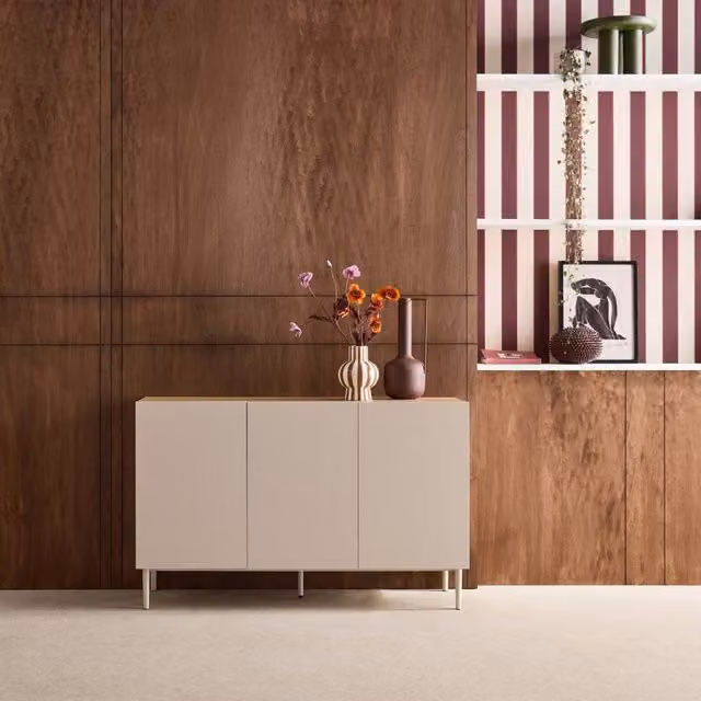 sweeek Modern 3-Door Sideboard in Beige and Walnut with Metal and MDF Construction, W: 120 cm – 1