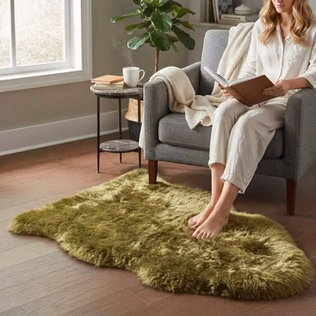Infinity Leather Natural Real Sheepskin Wool Single Rug, Green, W/D: 90 x 60 cm