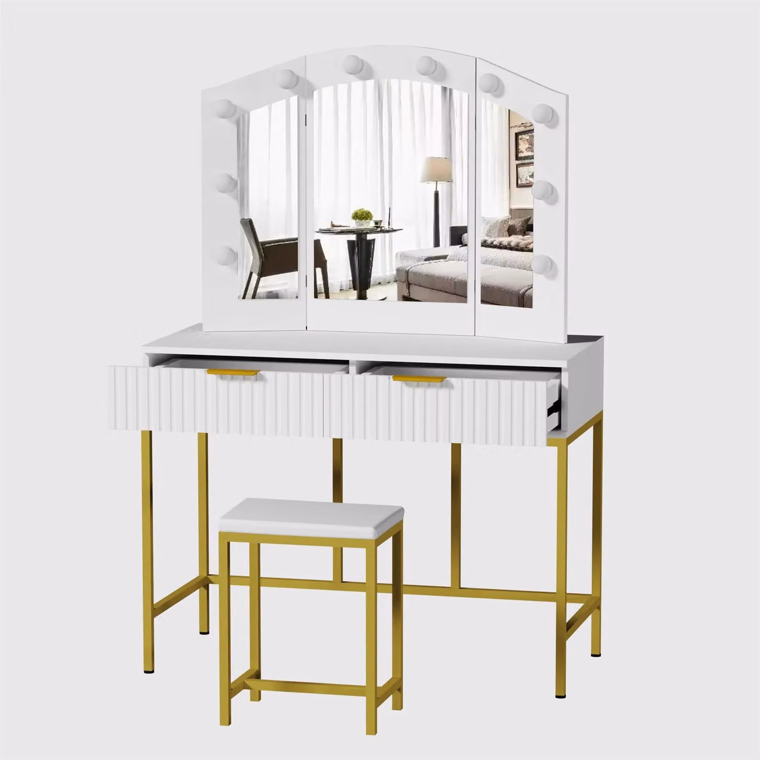 KOSY KOALA Hollywood Style Dressing Table Set with LED Mirror, Drawers and Stool in White and Gold – 3