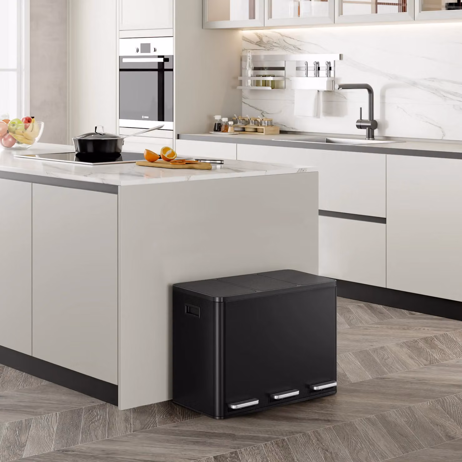 VonHaus 45L 3 Compartment Waste and Recycling Kitchen Bin in Black (3 x 15L) – 2