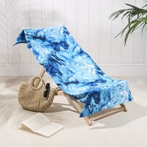 OHS Quick-Dry Microfibre Marble Print Beach Towel in Petrol Blue, W/H: 71 x 152 cm