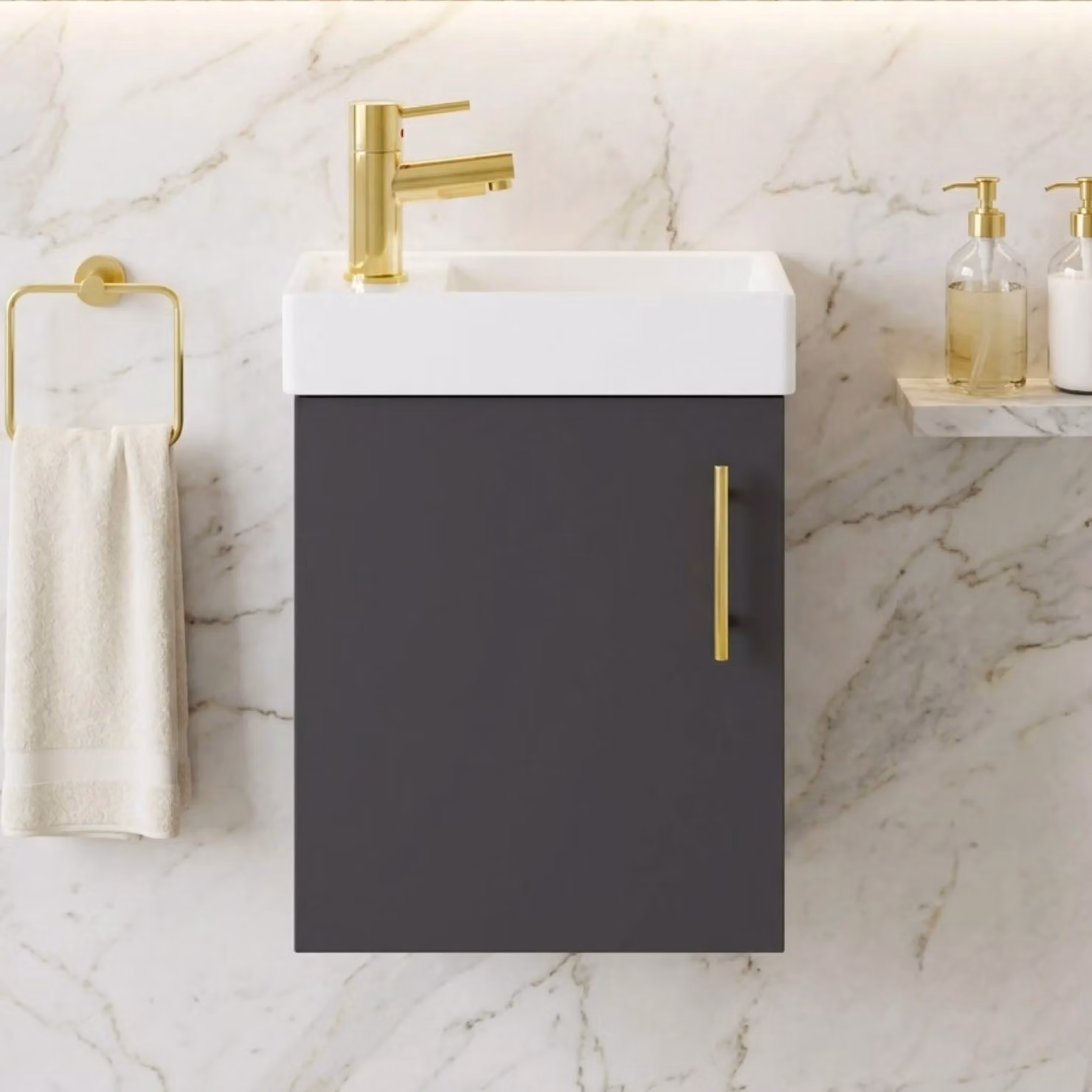 Balterley Wall Mounted Gloss Grey Vanity Basin with Brushed Brass Handle, Width: 40 cm – 6