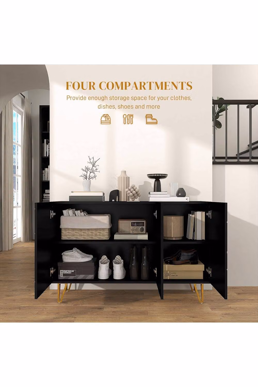 ERGOVEXA Modern Luxe High Gloss Sideboard in Black and Gold, W: 120 cm, H: 75 cm, D: 40 cm – 3