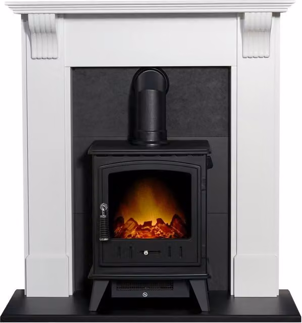 Adam Fires & Fireplaces Harrogate White and Black Fireplace with Black Aviemore Cast Iron Stove, 39 Inch