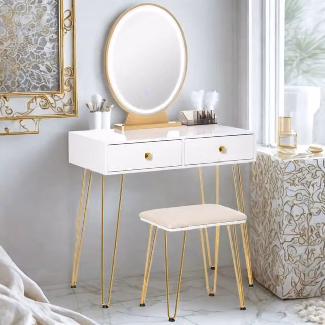 Pirlo Plush 2 Drawer Dressing Table with LED Mirror and Stool in White and Gold, W/D/H: 136 x 80 x 40 cm – 1