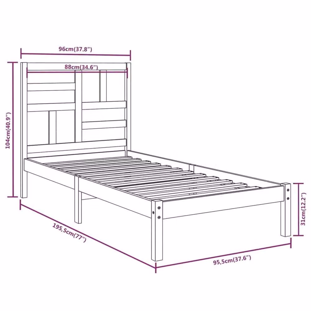 Berkfield Home Single Solid Wood Pine Bed Frame, Brown, W/D/H: 90 x 190 x 104 cm